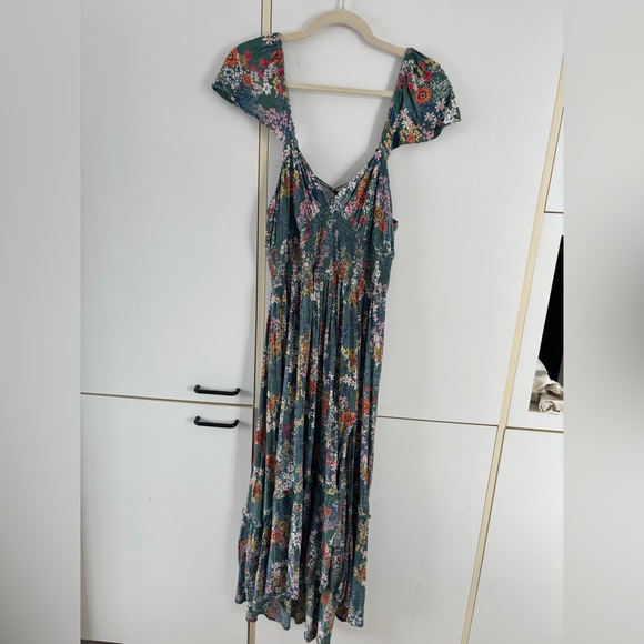 Vintage Multicolore Floral Green Midi Dress Large Slit Tied back Cottagecore - Picture 2 of 12